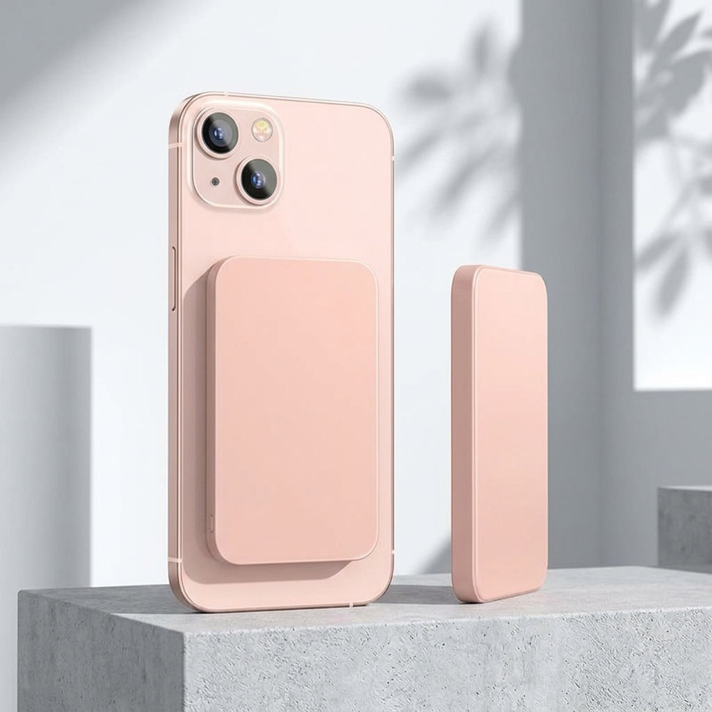 Pink phone case with a magnetic attachment on a light gray surface